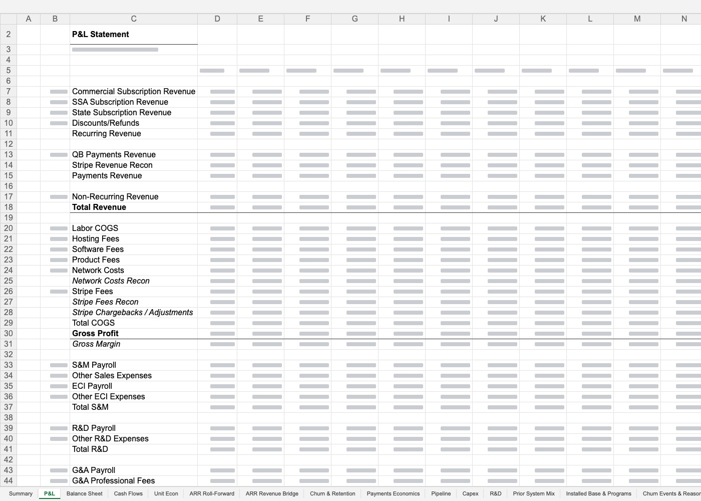 The financial model the buyer got. Values replaced with grey bars.
